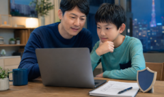 Parent guiding a child through safe and responsible AI use