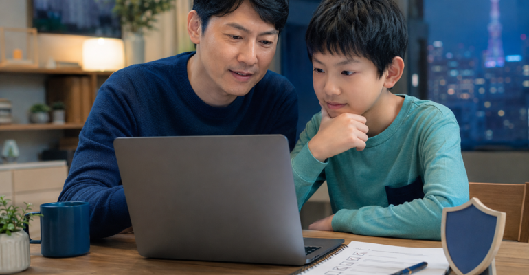 Parent guiding a child through safe and responsible AI use