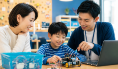 Parent observing a child during a coding class trial with an educator