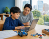 Child balancing coding screen time with robotics and offline project planning