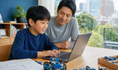 Child balancing coding screen time with robotics and offline project planning