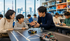 Parents comparing robotics classes in Tokyo during a hands-on lesson