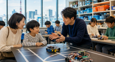 Parents comparing robotics classes in Tokyo during a hands-on lesson