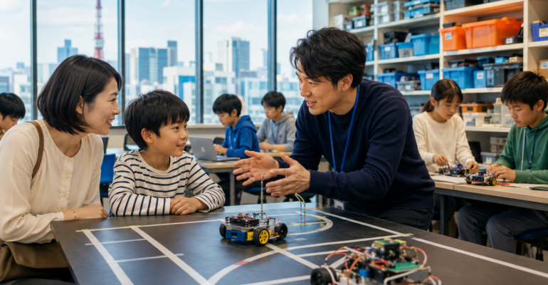 Parents comparing robotics classes in Tokyo during a hands-on lesson