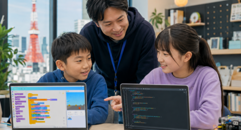 Students comparing visual Scratch-style coding and Python text coding