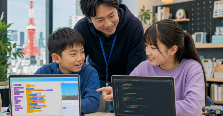 Students comparing visual Scratch-style coding and Python text coding