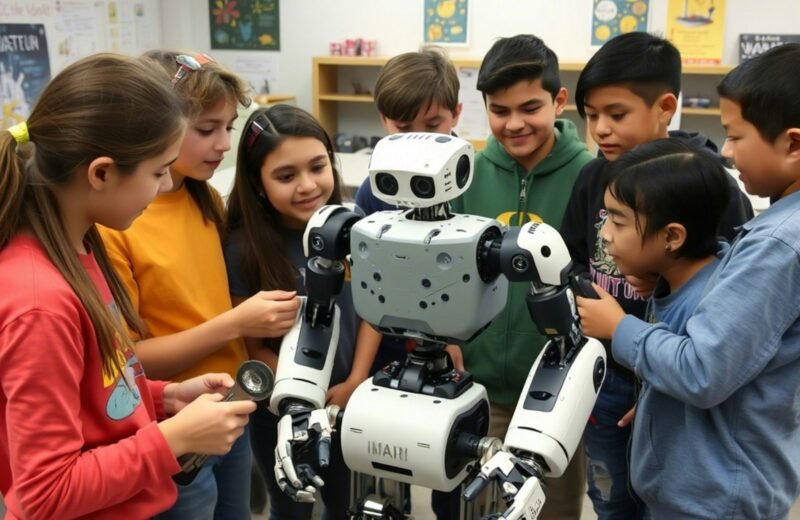 Group of children surrounding and interacting with a large robot