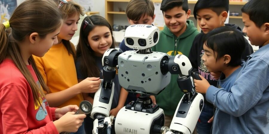 Group of children surrounding and interacting with a large robot