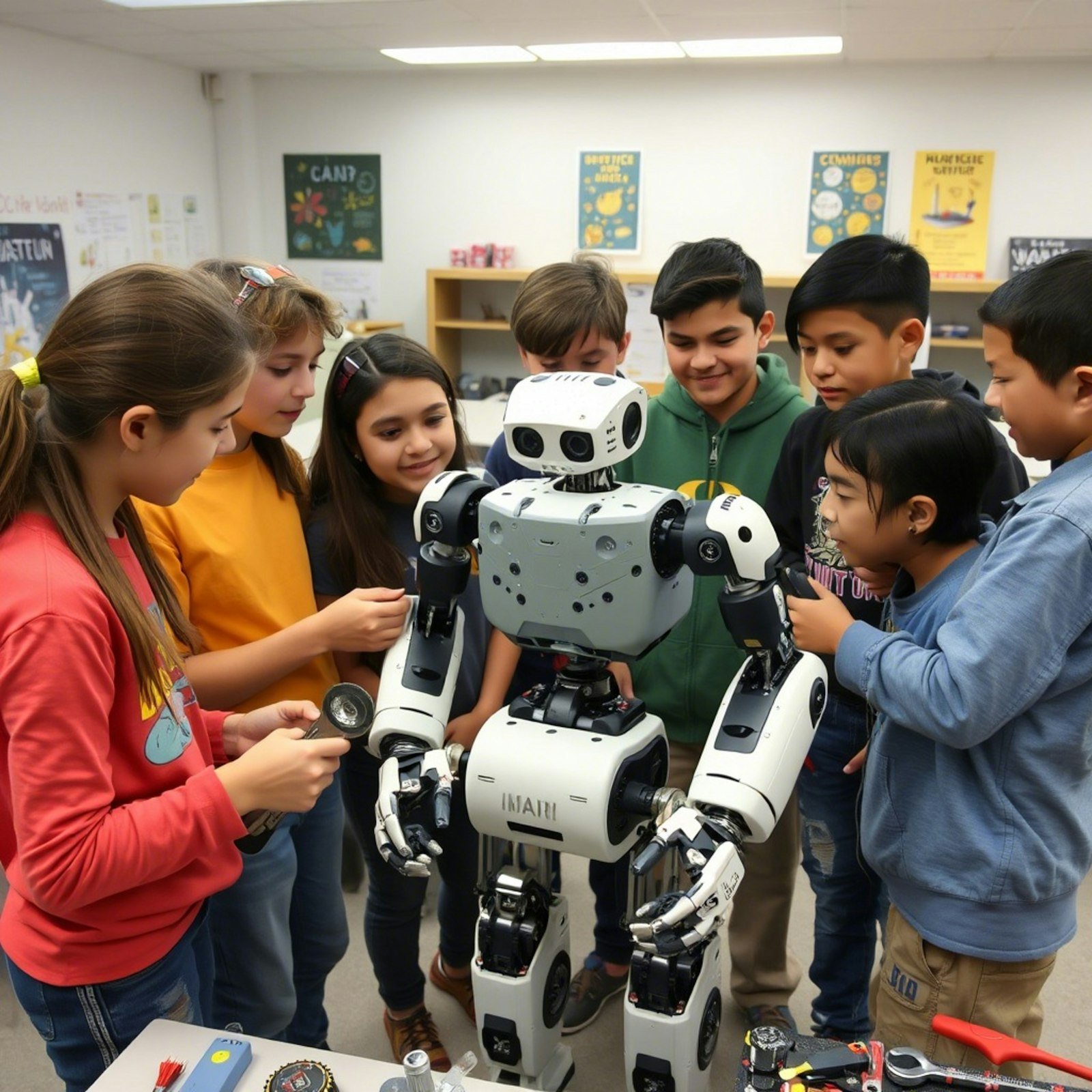 Group of children surrounding and interacting with a large robot